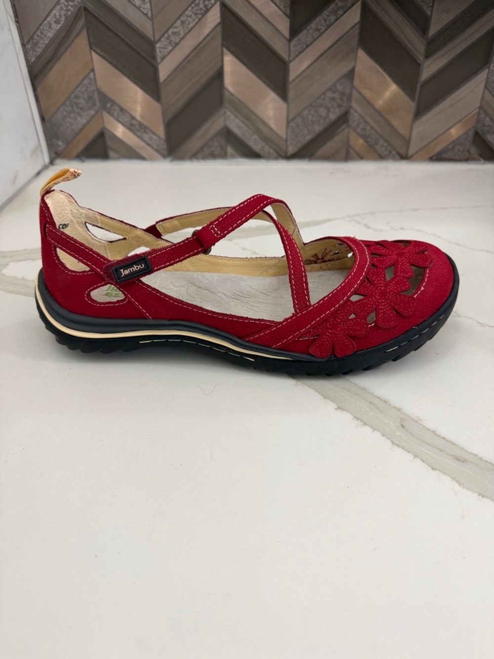 Jambu Women’s Red Mary Jane Sandal with Floral Cutouts